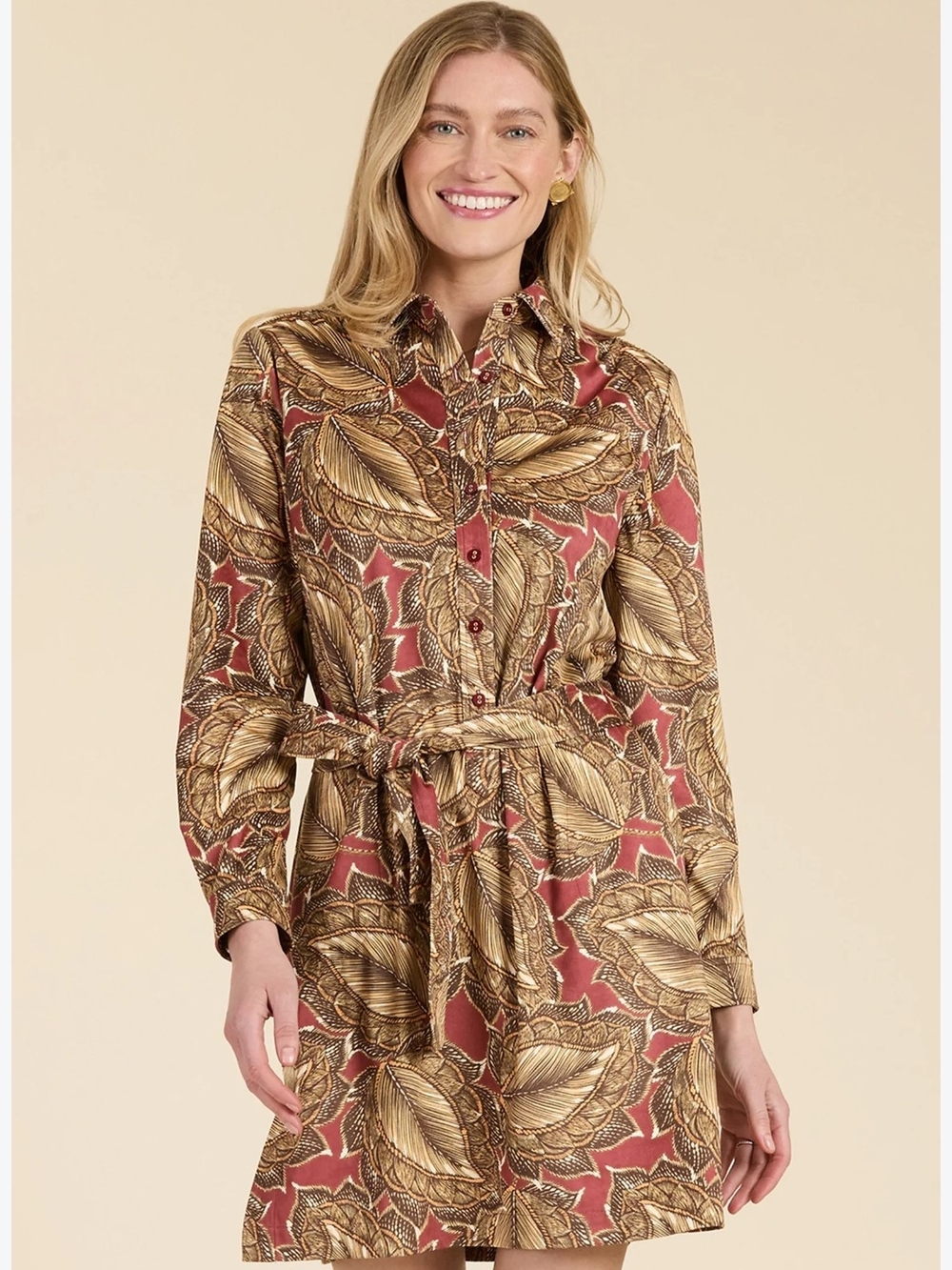 Tyler Boe Rust and Gold Leaf Print Long-Sleeve Shirt Dress